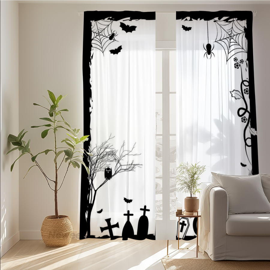 Spider Web Halloween Decoration - 2PCS Digital Print Sheer Curtain, Spider